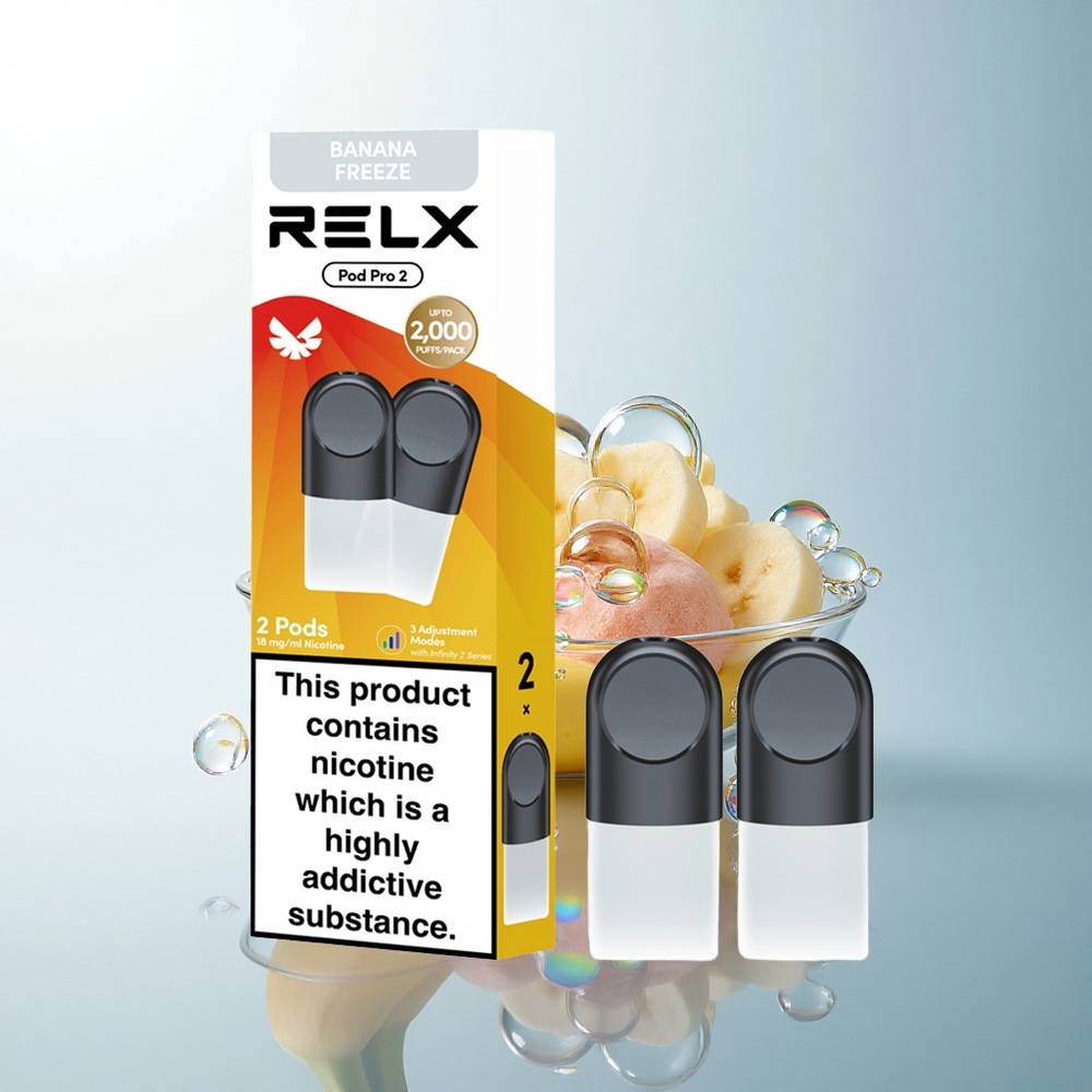 Relx Pod Pro 2 Vape Device Dessert-Banana Freeze 18mg/ml Nicotine 1.9ml Vape Capacity 5.5W-8W Voltage Adjustment