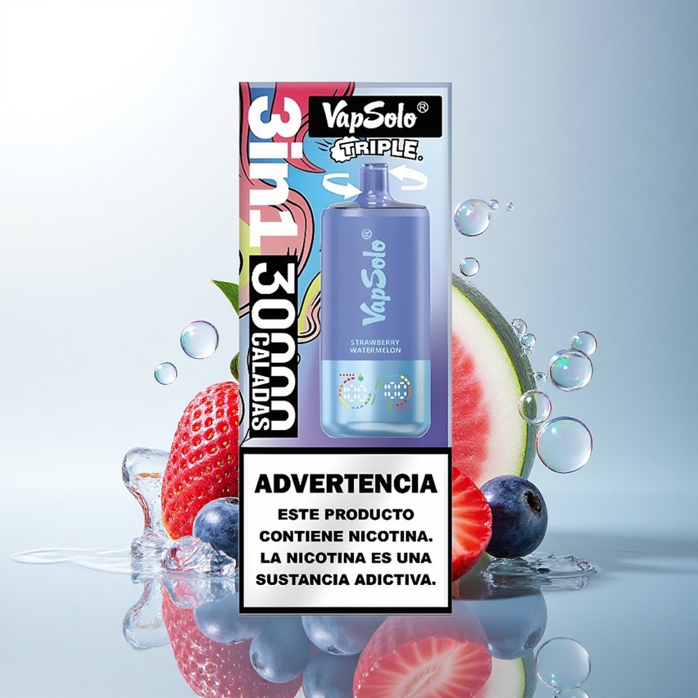 Vapsolo Triple 30000 Puffs Strawberry Watermelon & Blueberry Ice with 40ml E-Liquid and Type-C Charging
